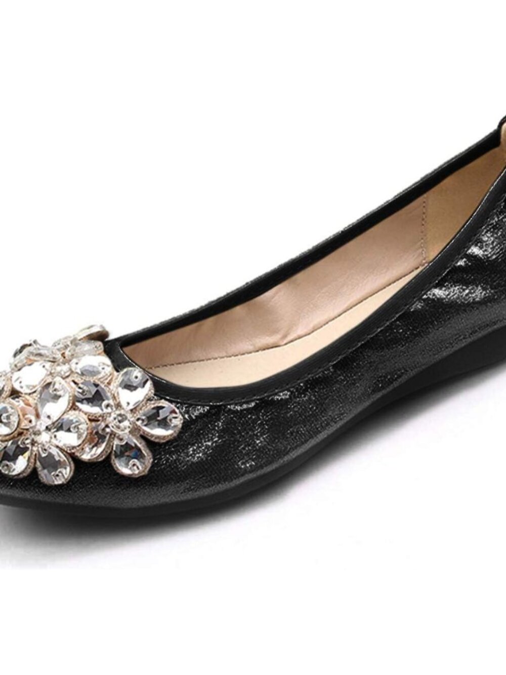 Women Foldable Ballet Flats, Pointed Toe Wedding Rhinestone Slip on Flat Shoes